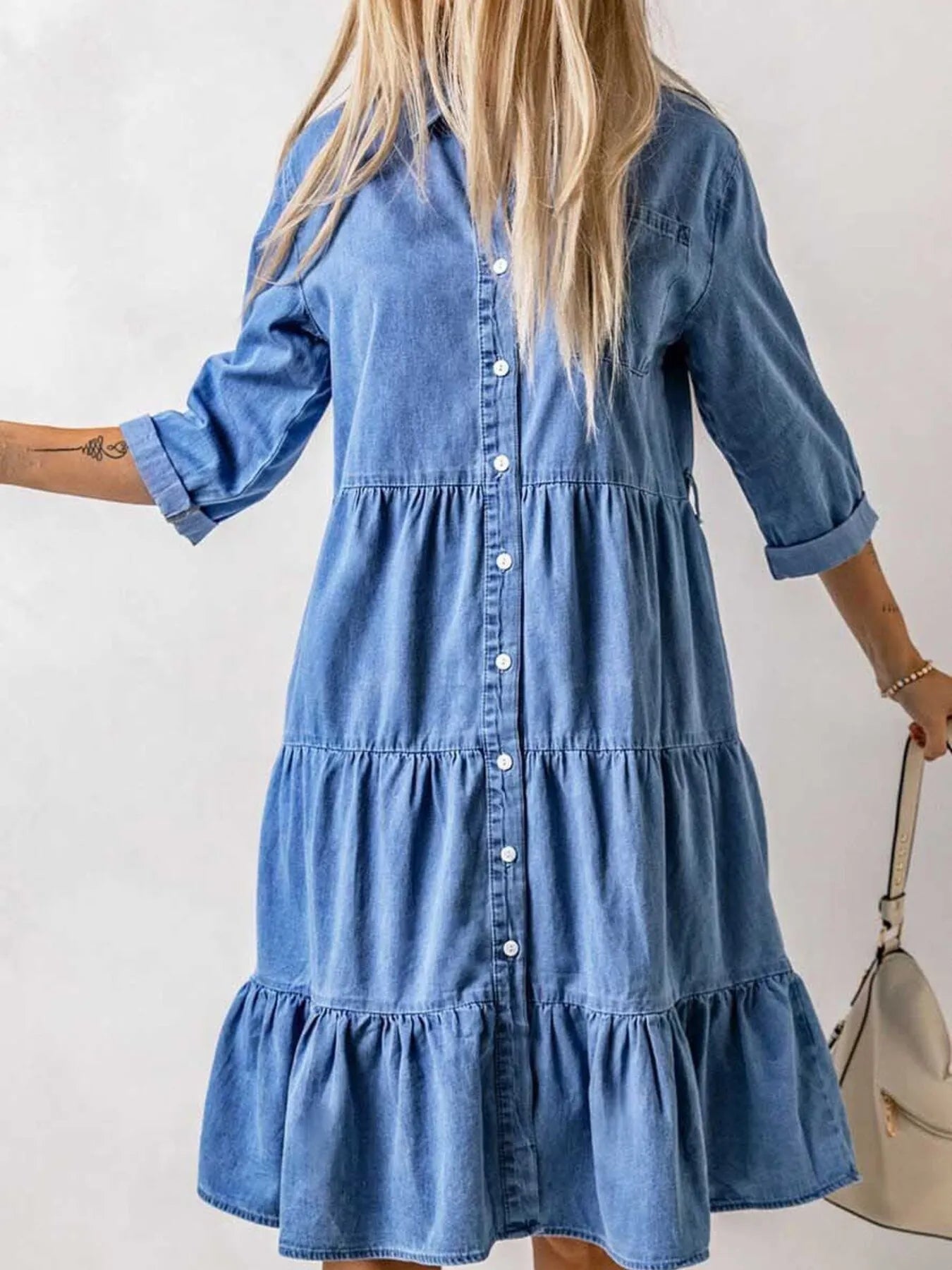 Full Size Ruffled Hem Button Up Denim Midi Dress Plus Size.