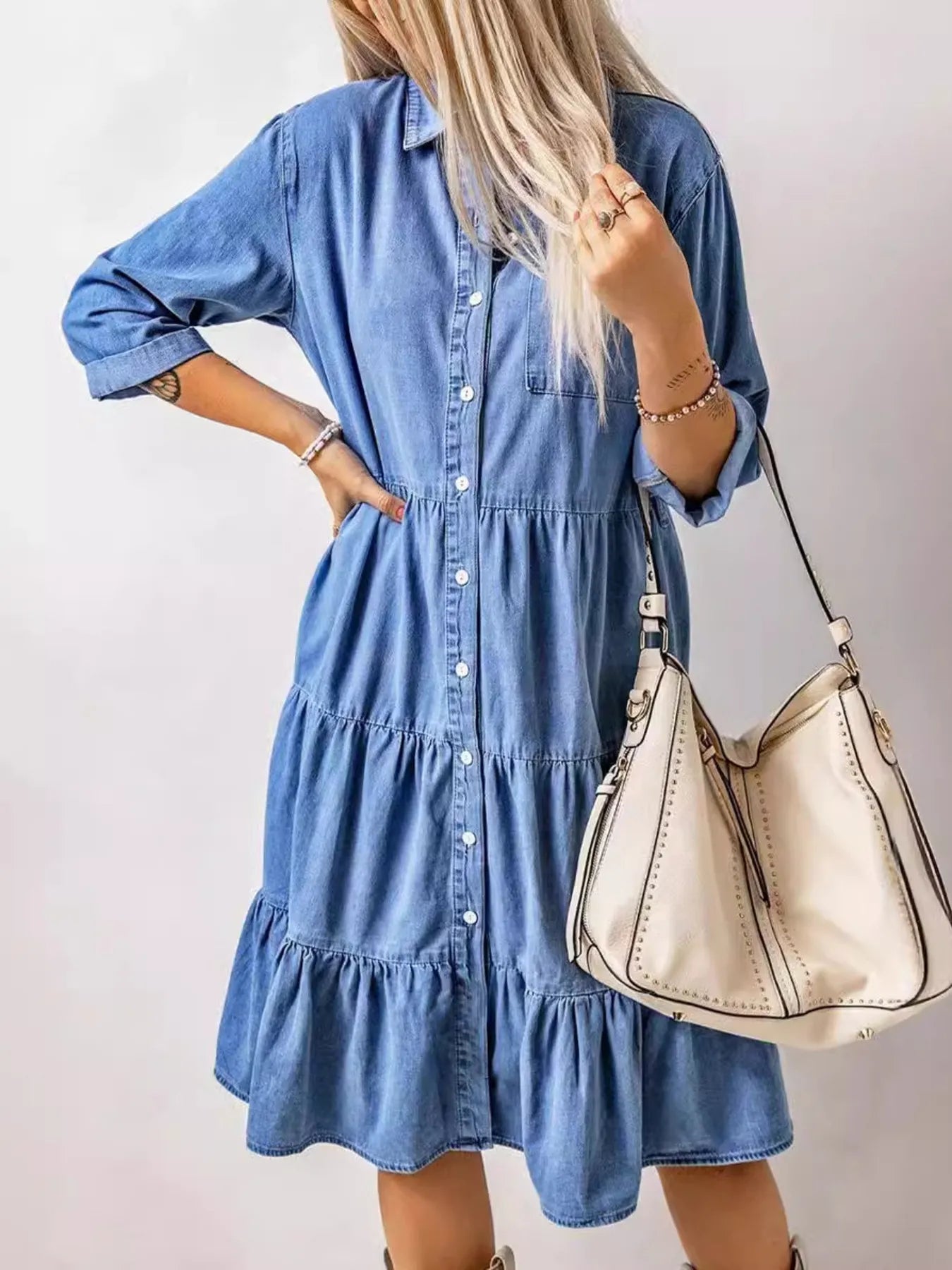 Full Size Ruffled Hem Button Up Denim Midi Dress Plus Size.