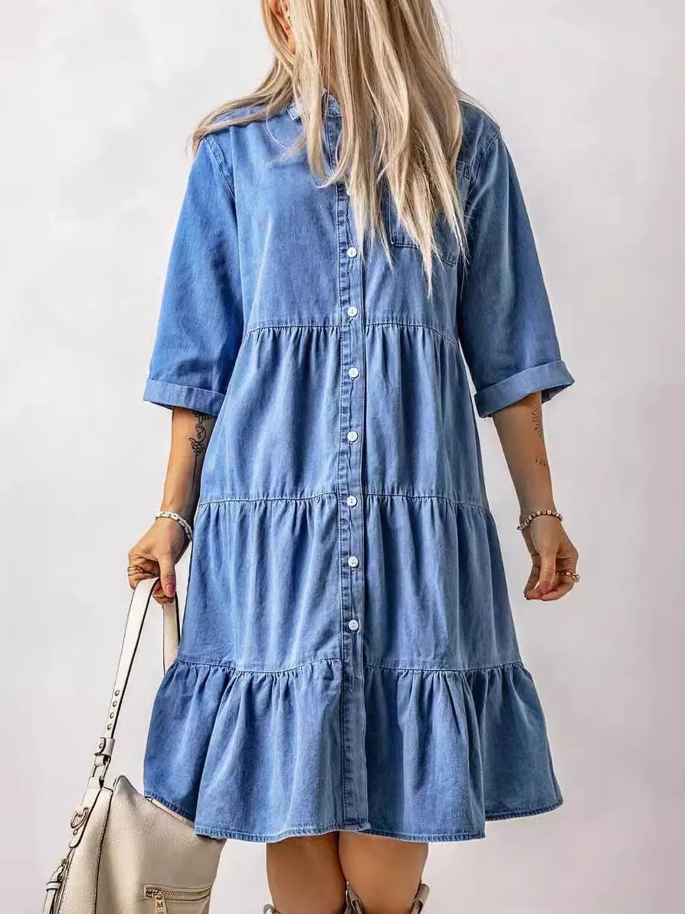 Full Size Ruffled Hem Button Up Denim Midi Dress Plus Size.