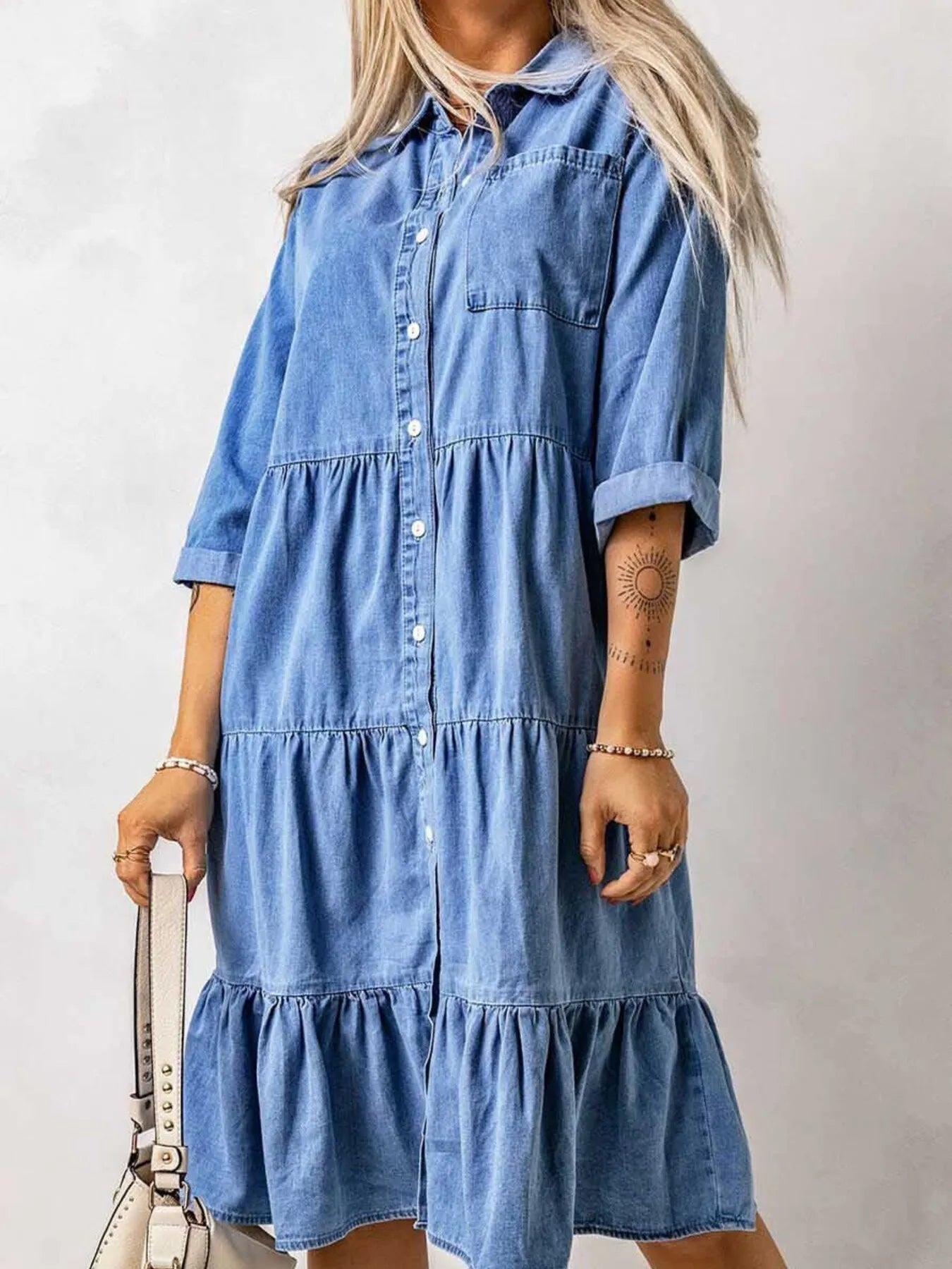 Full Size Ruffled Hem Button Up Denim Midi Dress Plus Size.