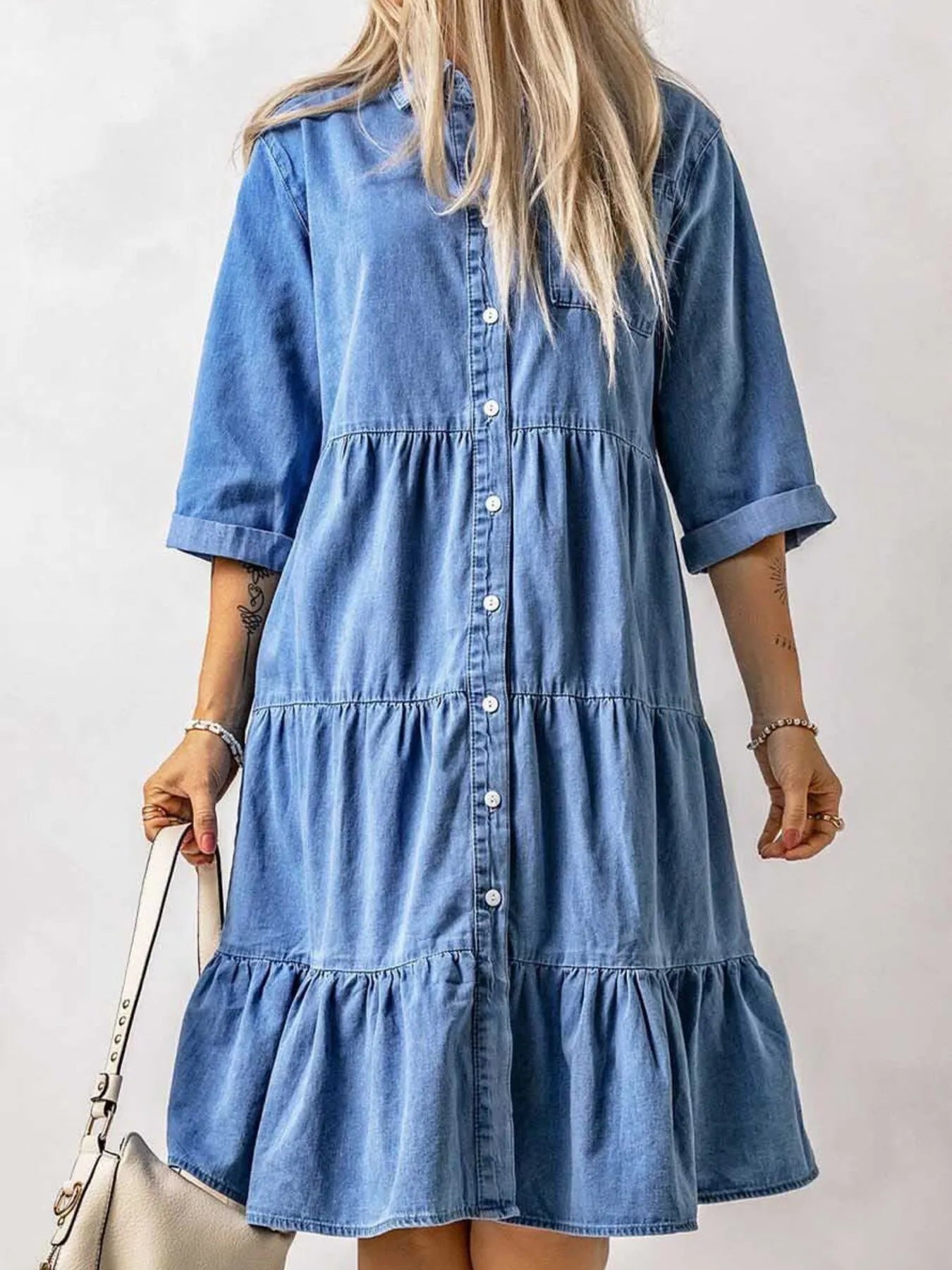 Full Size Ruffled Hem Button Up Denim Midi Dress Plus Size.