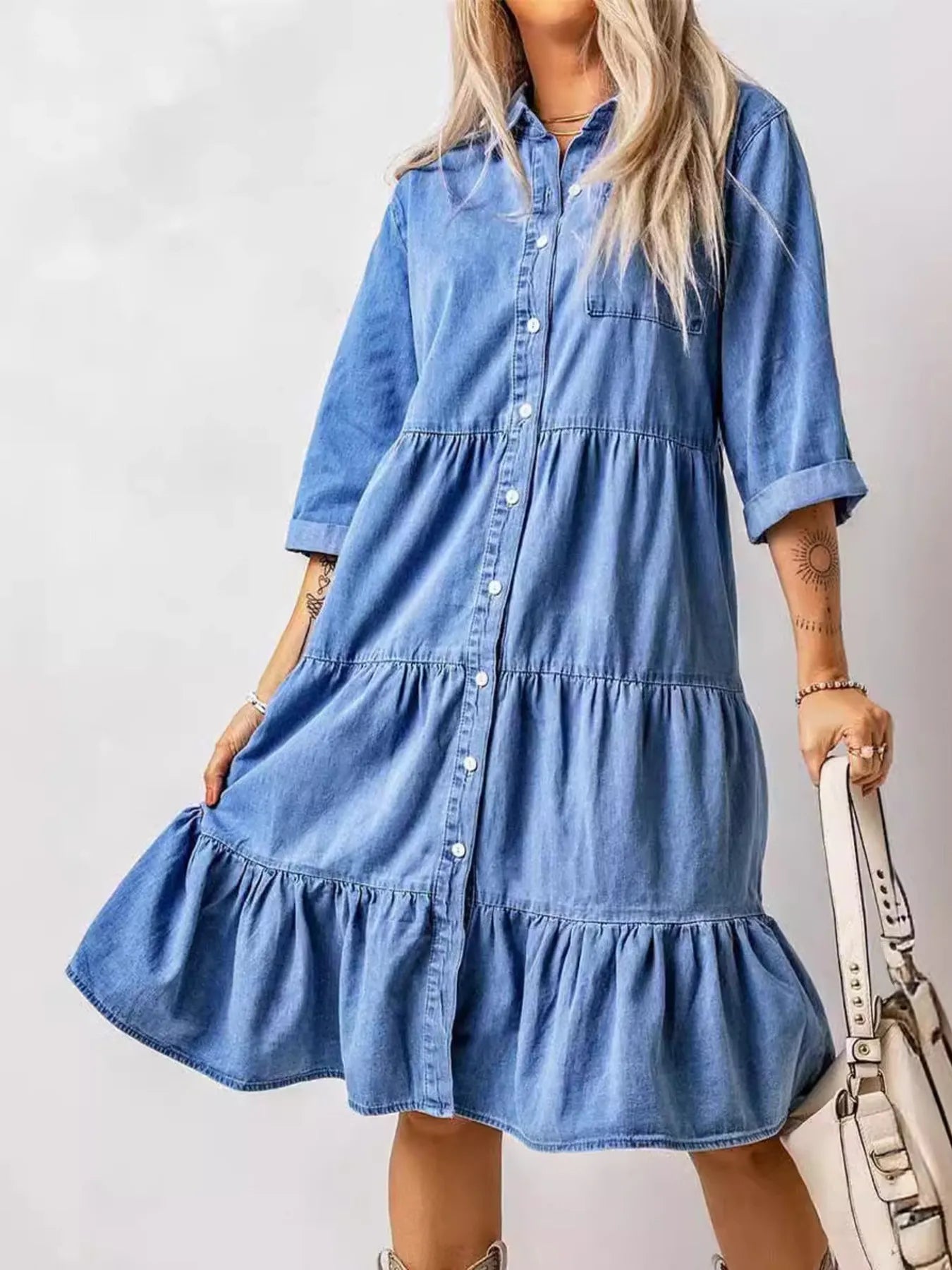 Full Size Ruffled Hem Button Up Denim Midi Dress Plus Size.