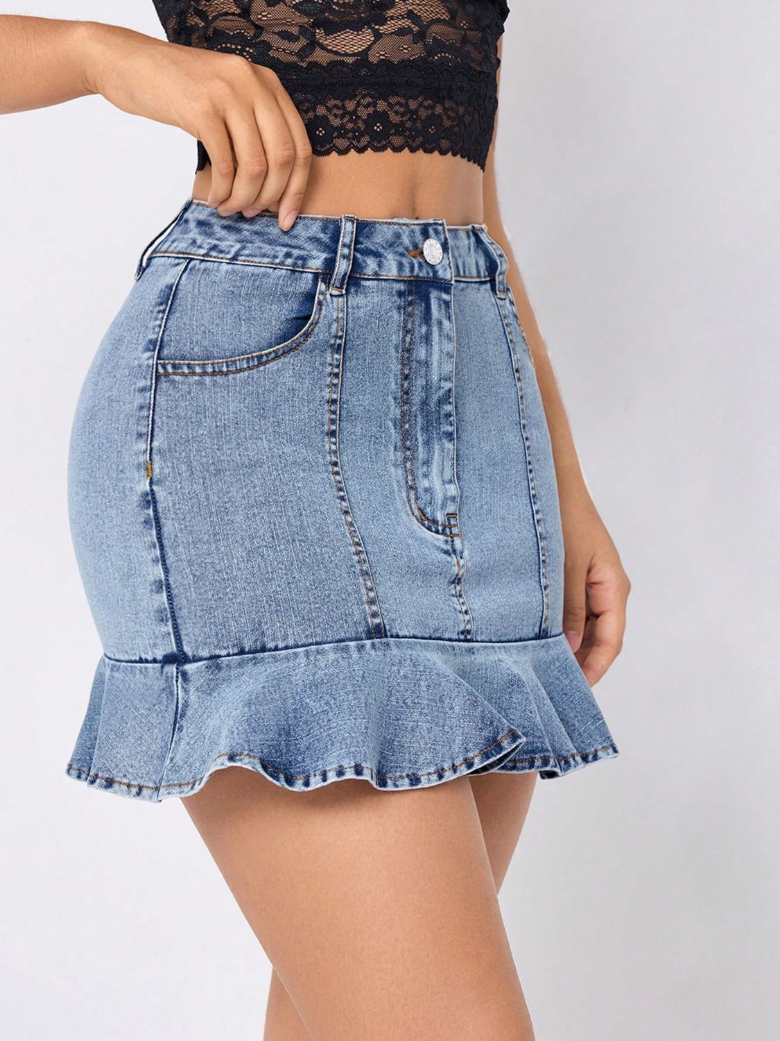 Ruffled Hem Denim Mini Skirt.