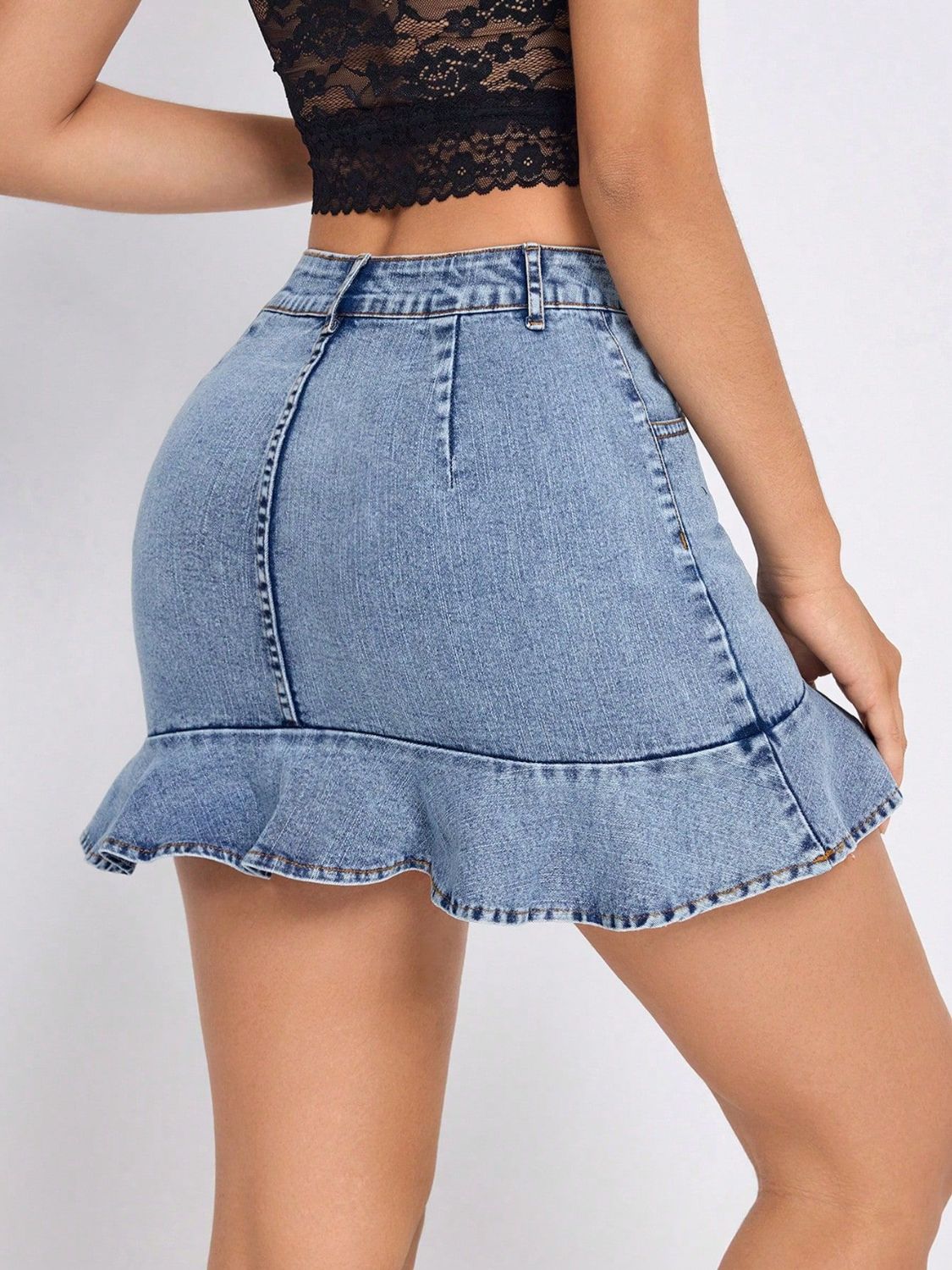 Ruffled Hem Denim Mini Skirt.