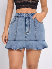 Ruffled Hem Denim Mini Skirt.
