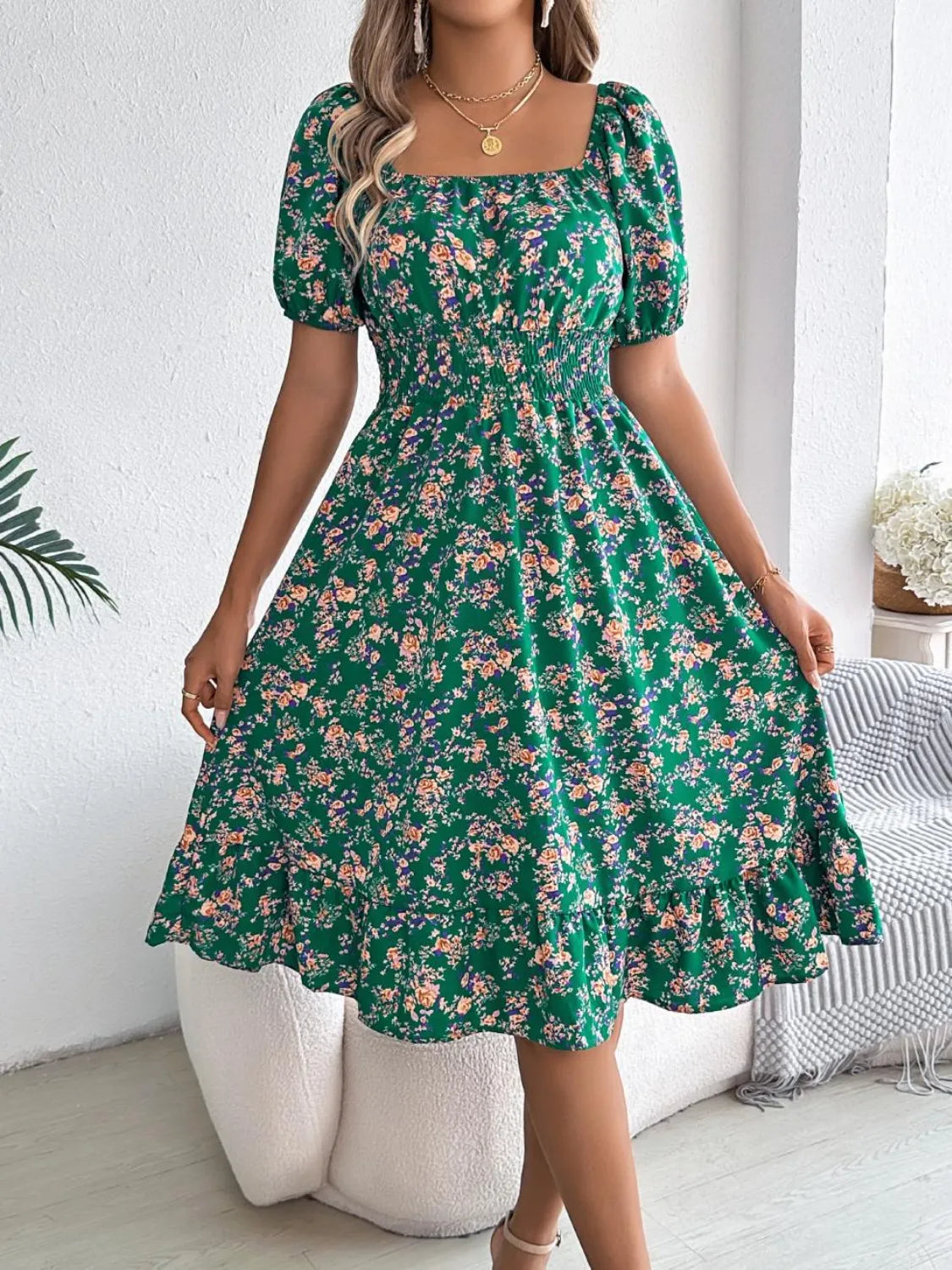 Ruffled Hem Floral Puff Sleeve Dress.