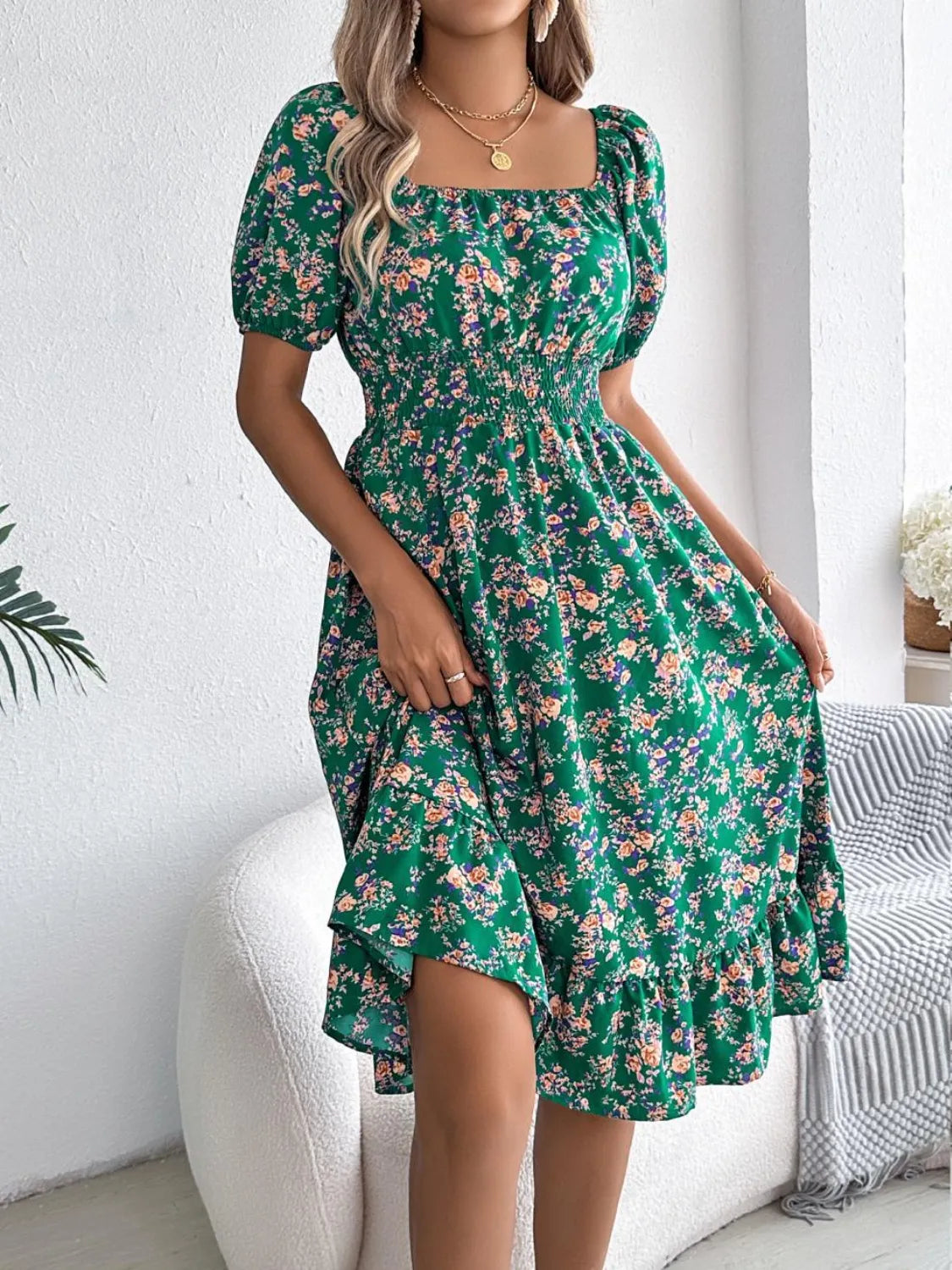 Ruffled Hem Floral Puff Sleeve Dress.