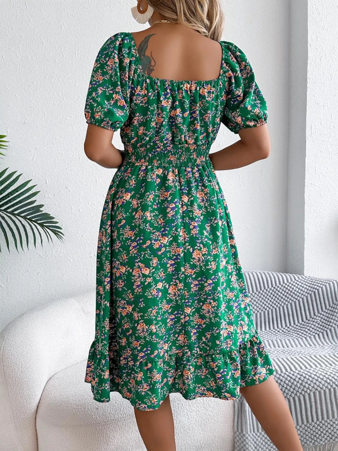 Ruffled Hem Floral Puff Sleeve Dress.