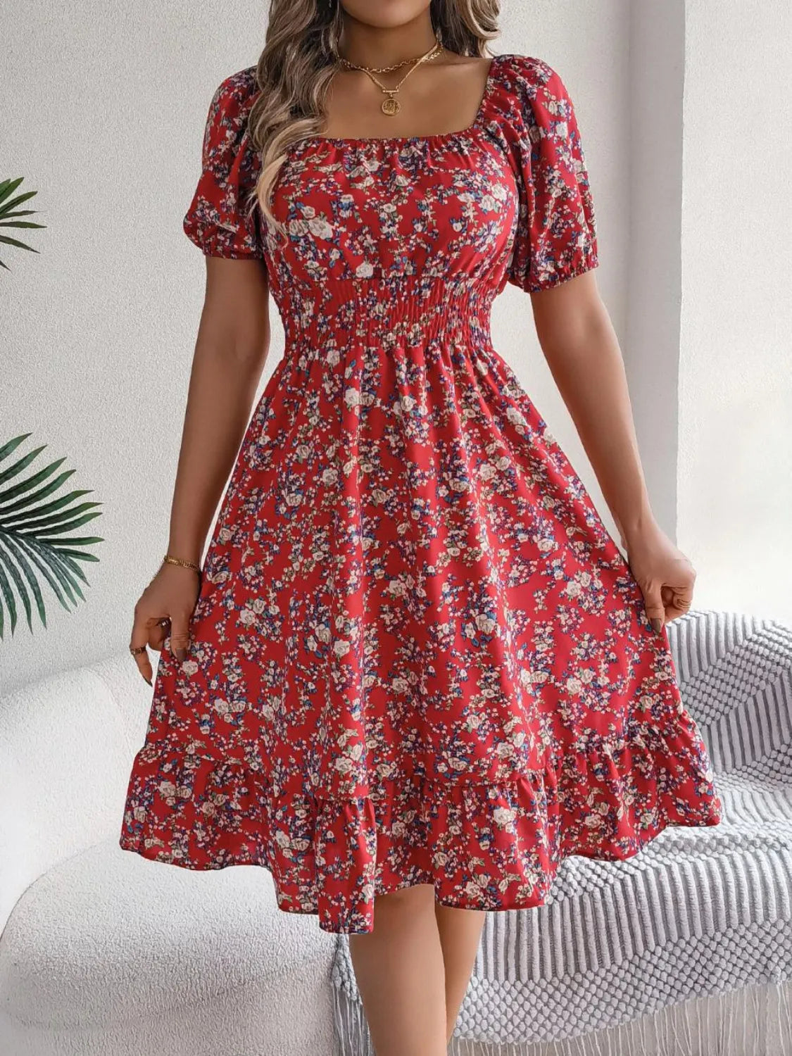 Ruffled Hem Floral Puff Sleeve Dress.