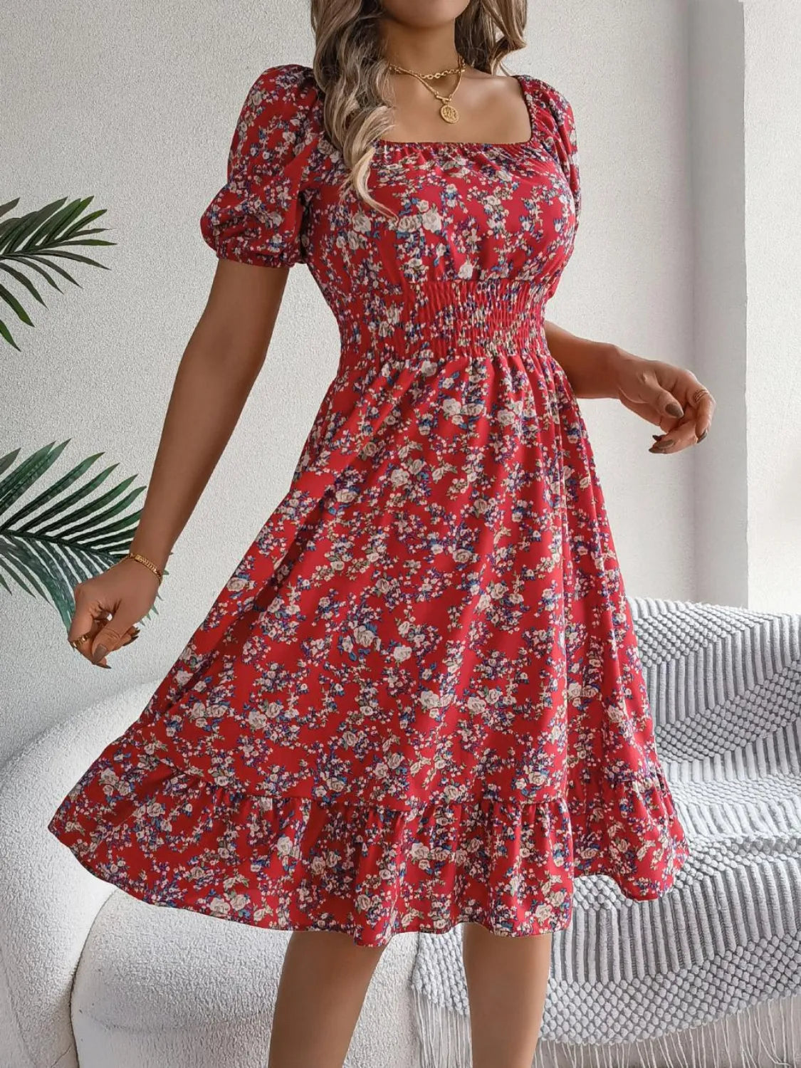 Ruffled Hem Floral Puff Sleeve Dress.