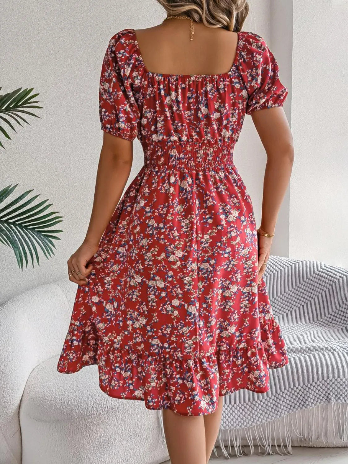 Ruffled Hem Floral Puff Sleeve Dress.