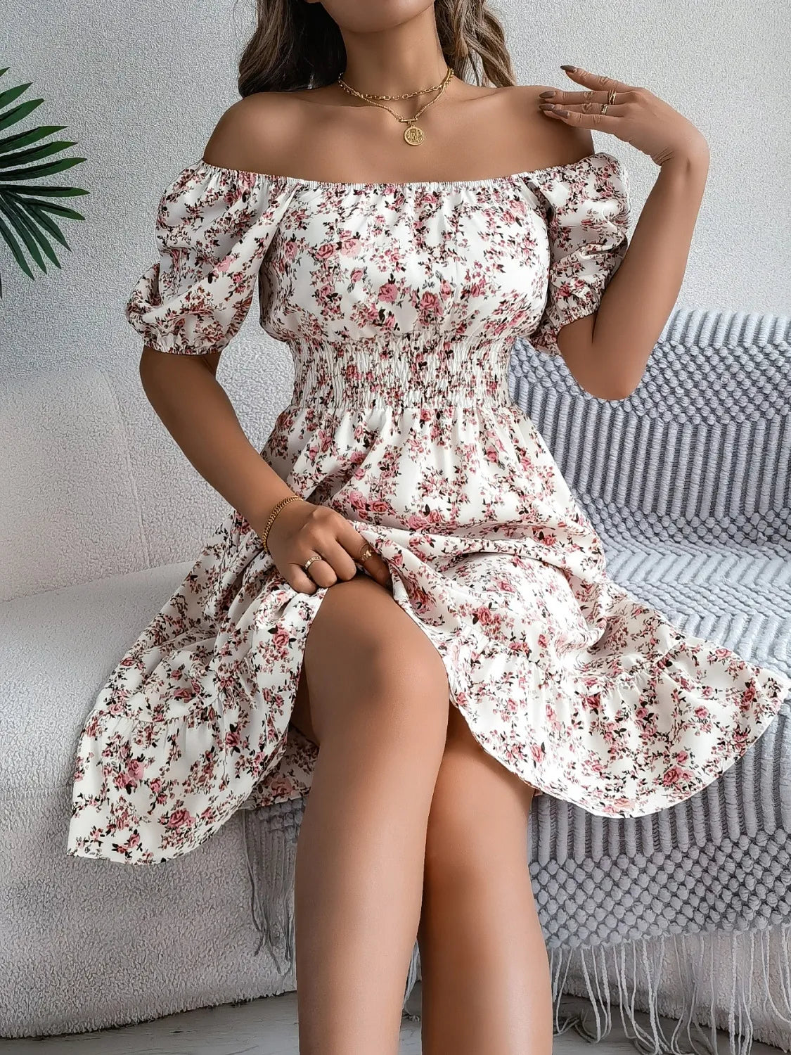 Ruffled Hem Floral Puff Sleeve Dress.