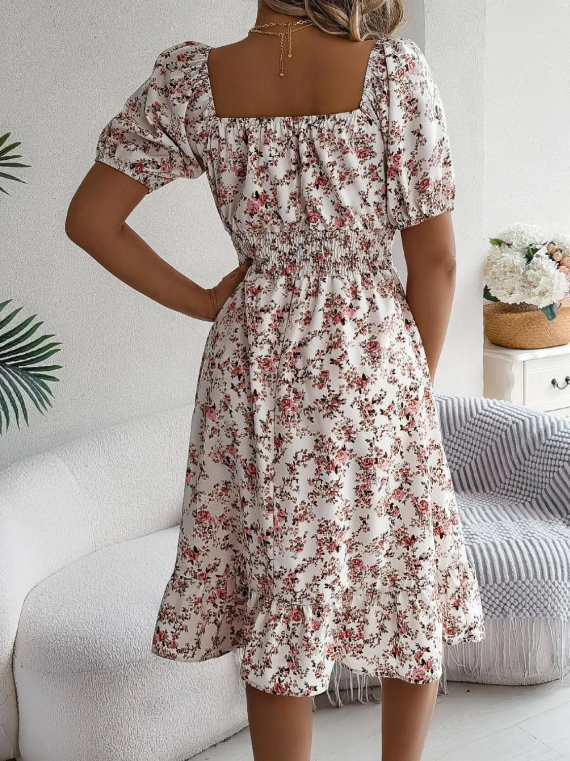 Ruffled Hem Floral Puff Sleeve Dress.