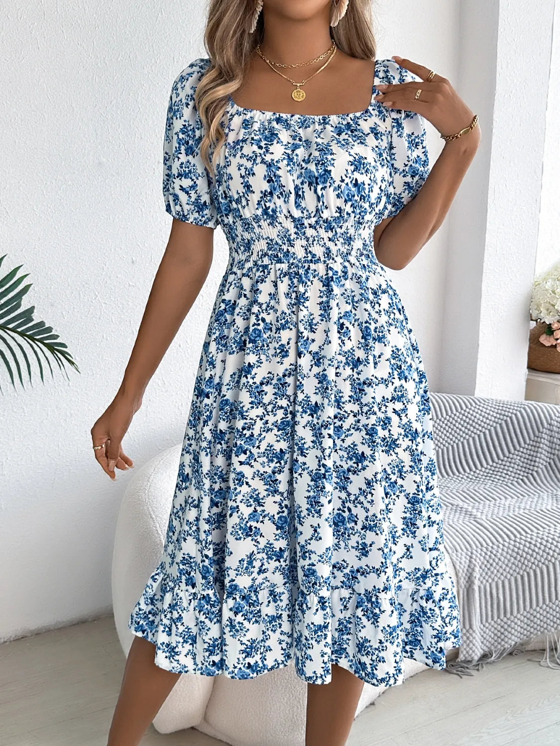 Ruffled Hem Floral Puff Sleeve Dress.