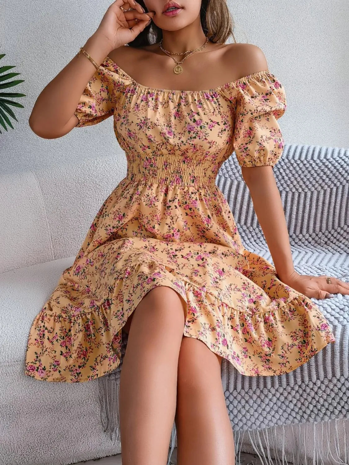 Ruffled Hem Floral Puff Sleeve Dress.