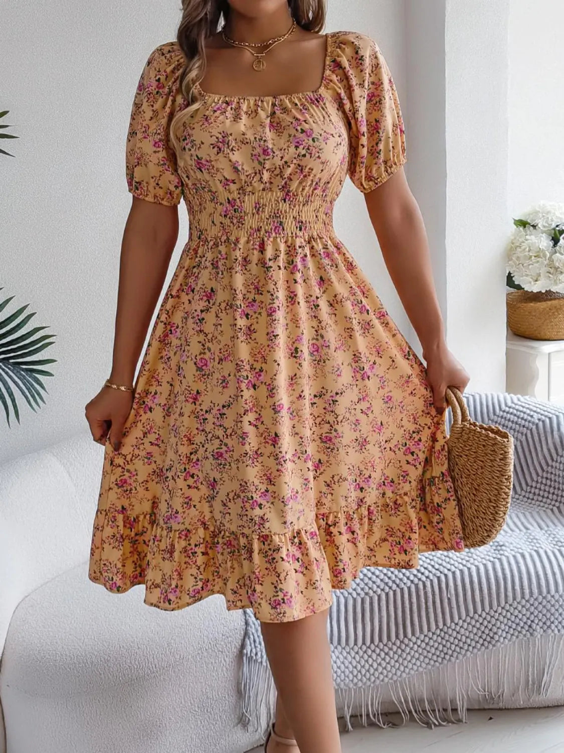 Ruffled Hem Floral Puff Sleeve Dress.