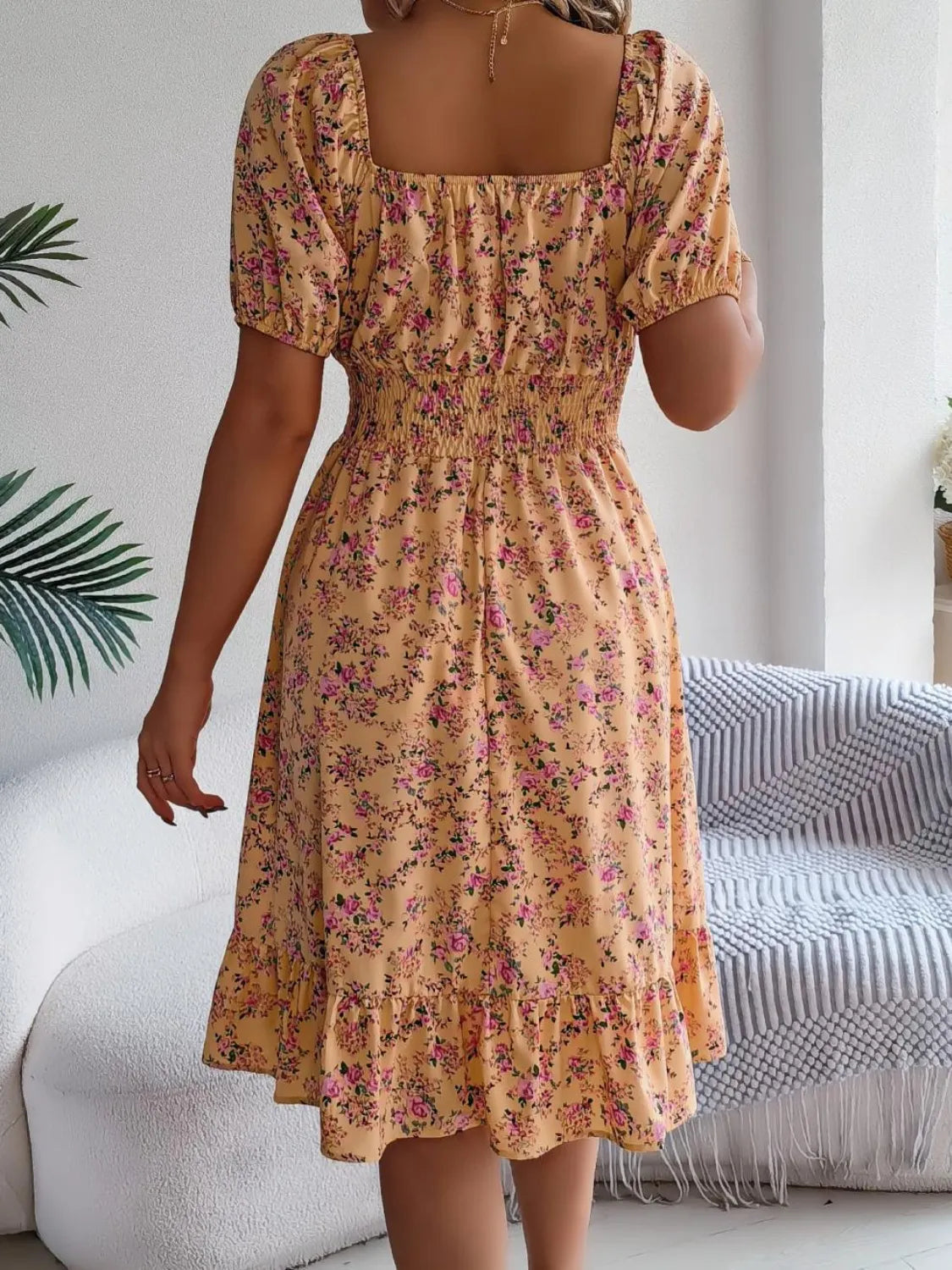 Ruffled Hem Floral Puff Sleeve Dress.