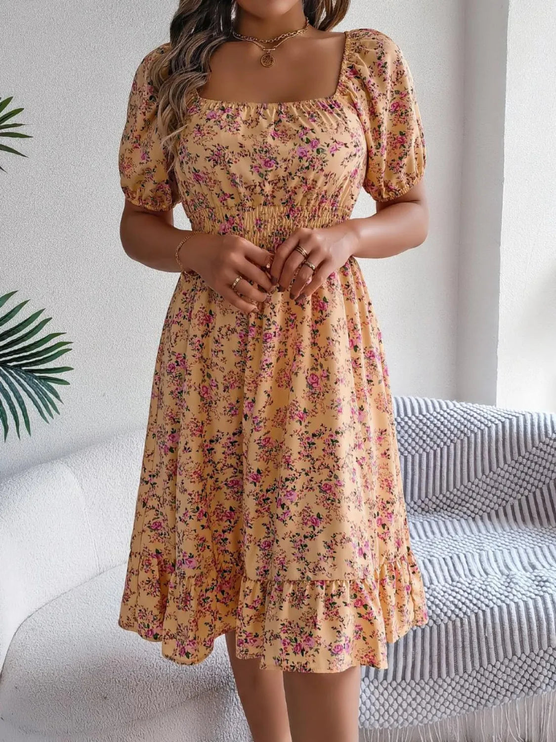 Ruffled Hem Floral Puff Sleeve Dress.