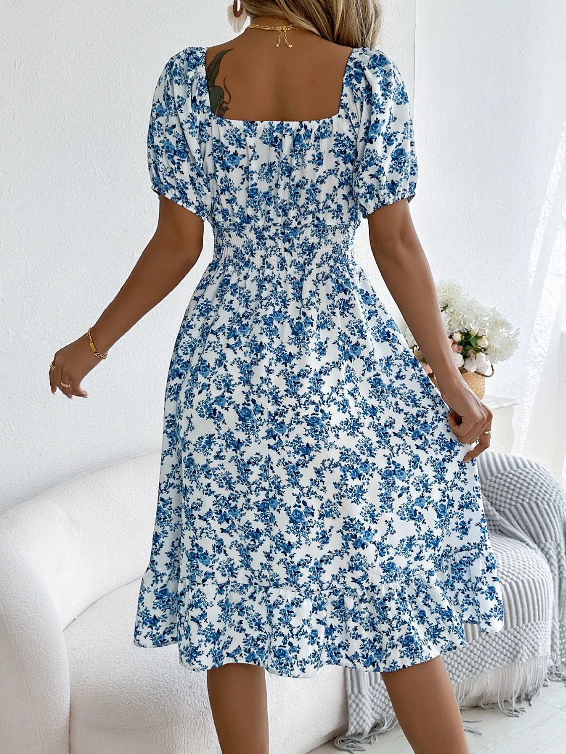 Ruffled Hem Floral Puff Sleeve Dress.