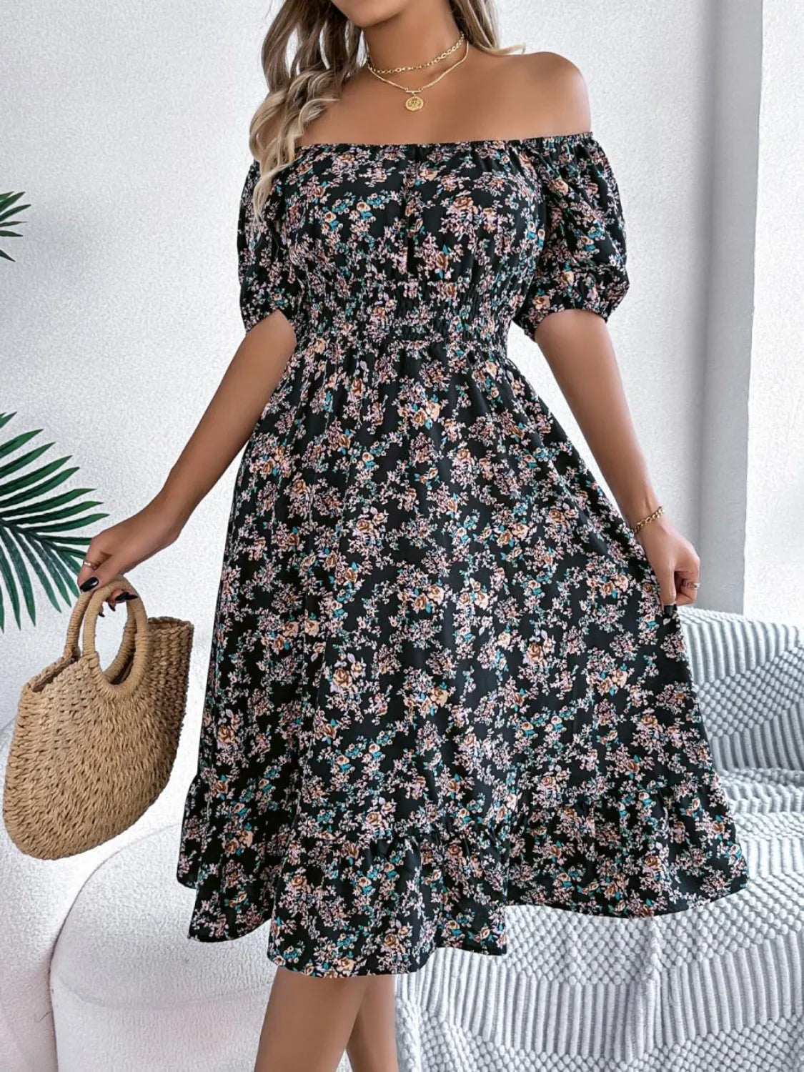 Ruffled Hem Floral Puff Sleeve Dress.