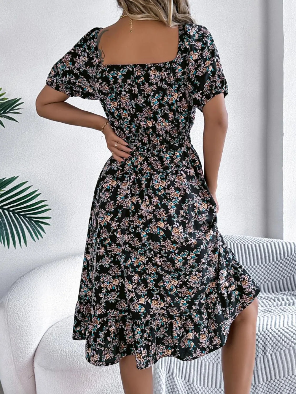 Ruffled Hem Floral Puff Sleeve Dress.