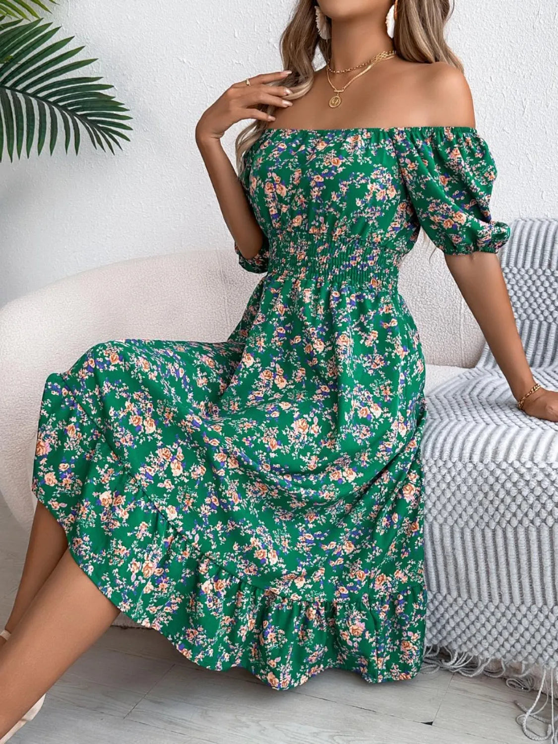 Ruffled Hem Floral Puff Sleeve Dress.