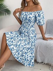 Ruffled Hem Floral Puff Sleeve Dress.