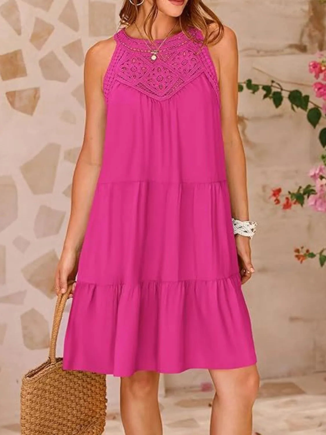 Ruffled Hem Lace Sleeveless Dress.