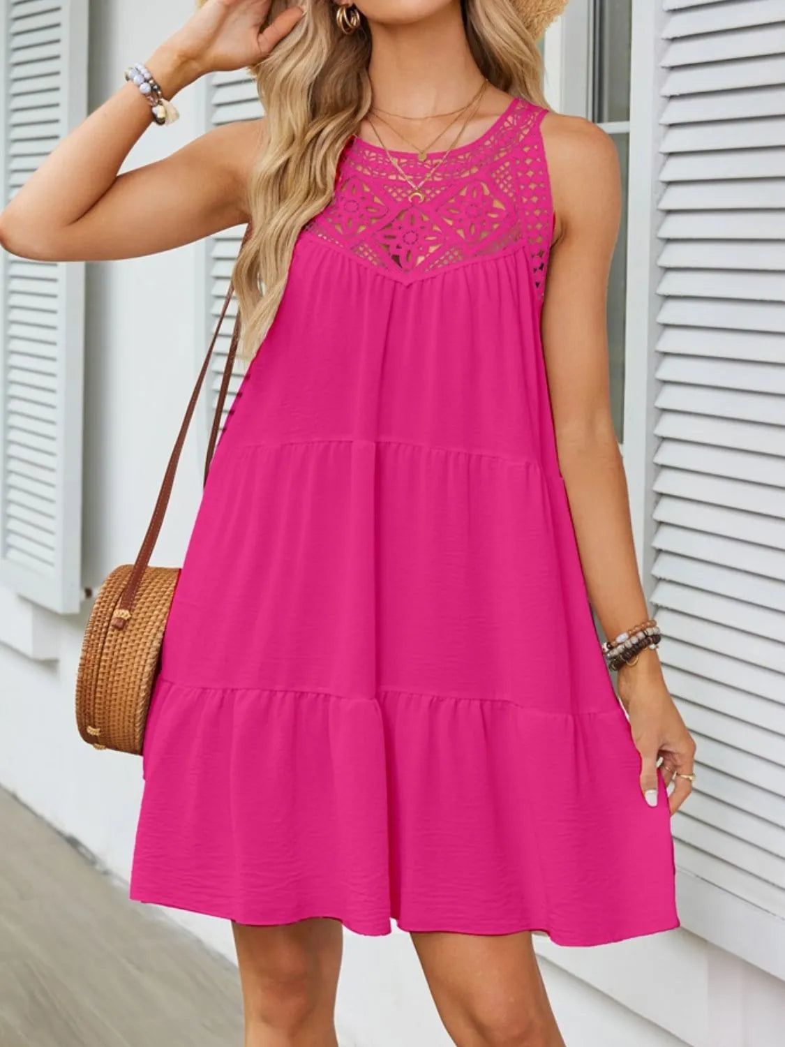 Ruffled Hem Lace Sleeveless Dress.