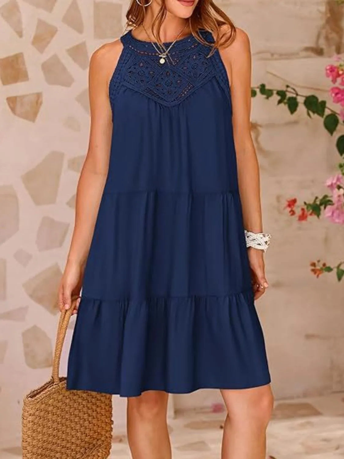 Ruffled Hem Lace Sleeveless Dress.