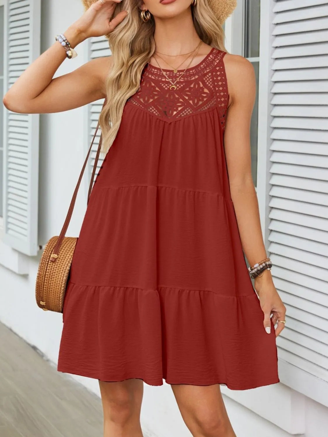 Ruffled Hem Lace Sleeveless Dress.