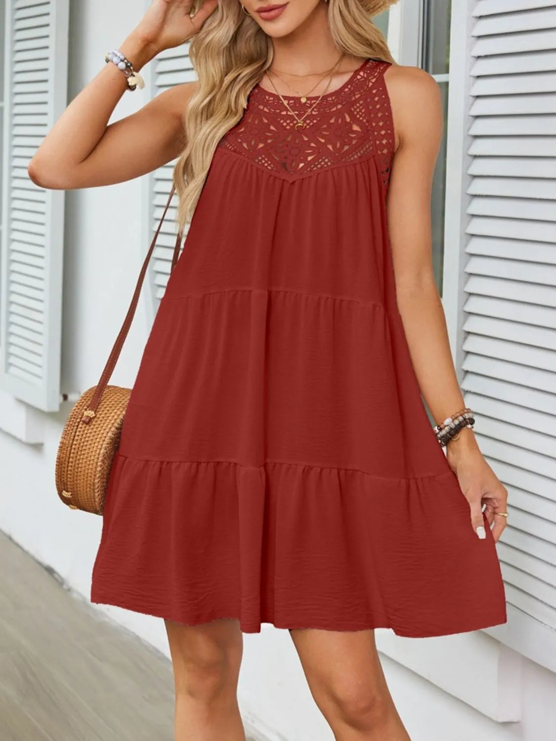 Ruffled Hem Lace Sleeveless Dress.