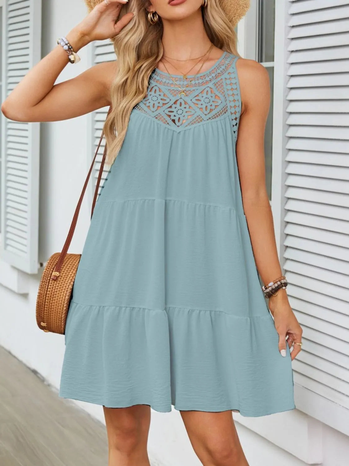 Ruffled Hem Lace Sleeveless Dress.