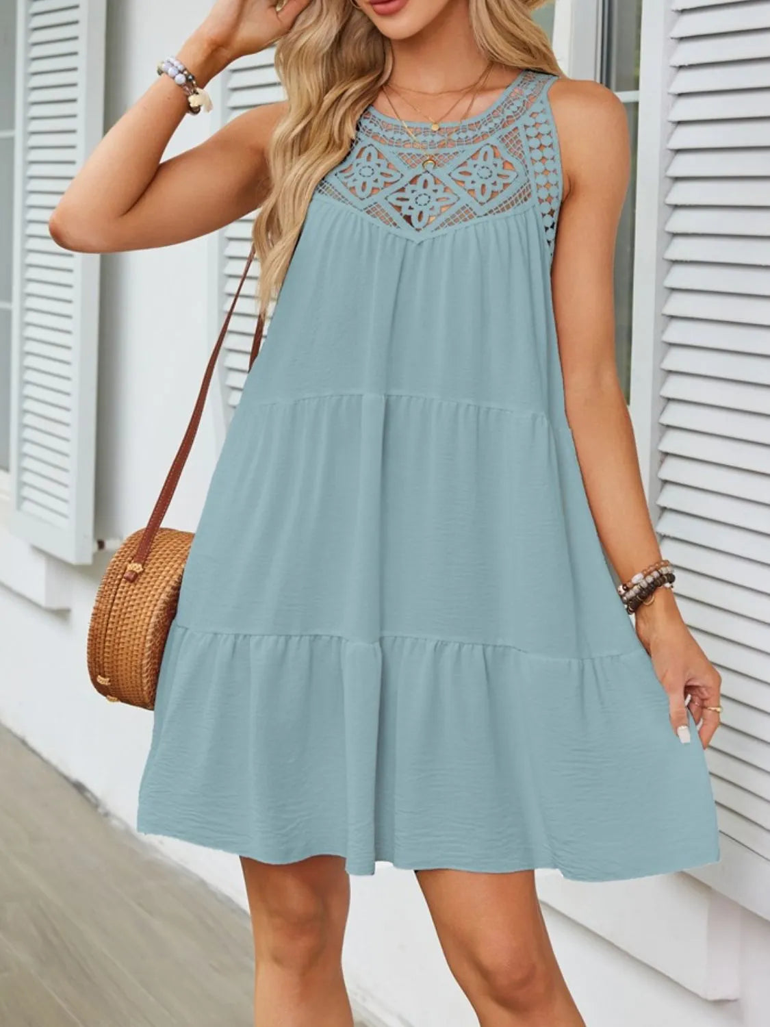 Ruffled Hem Lace Sleeveless Dress.