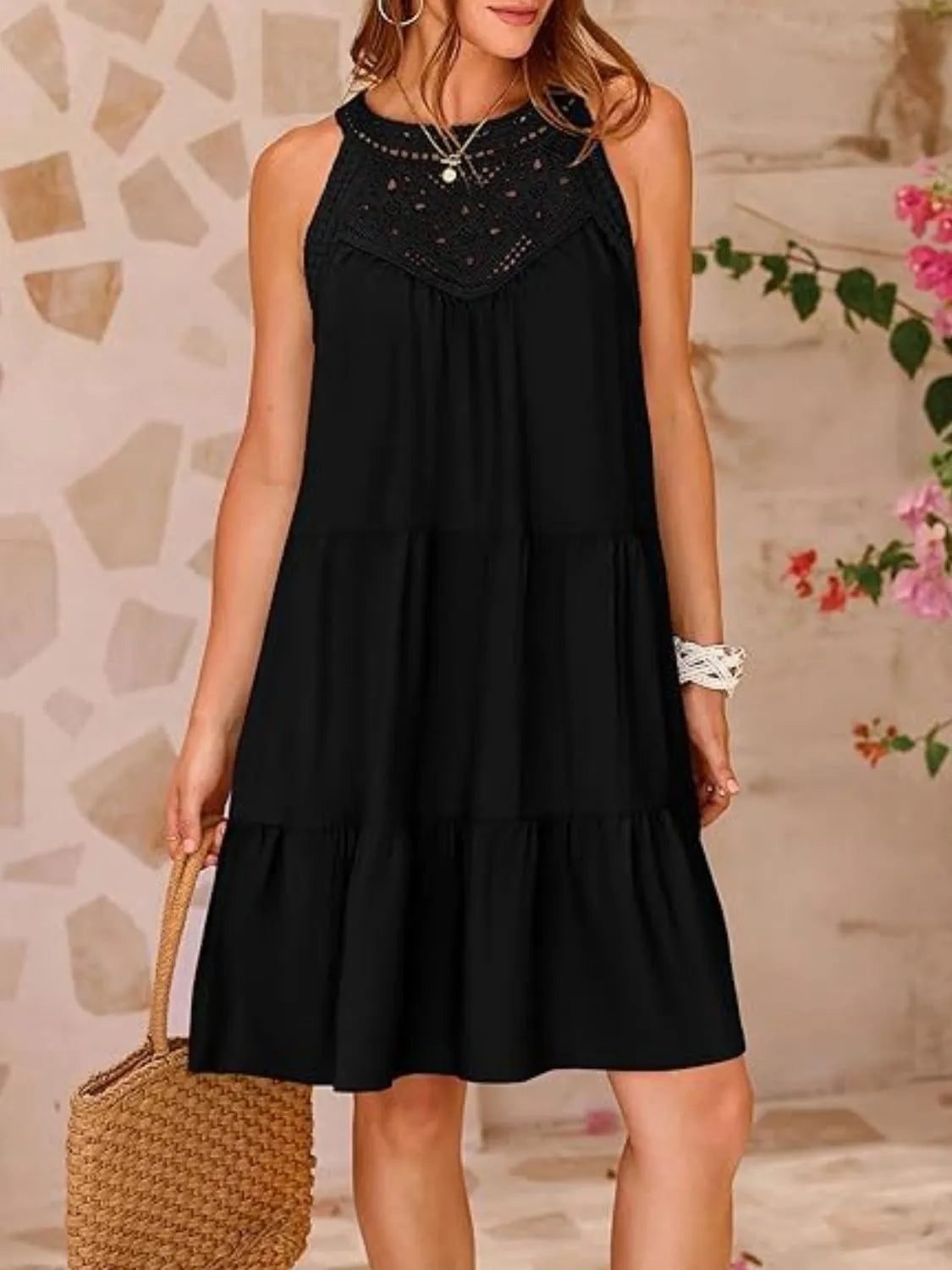 Ruffled Hem Lace Sleeveless Dress.