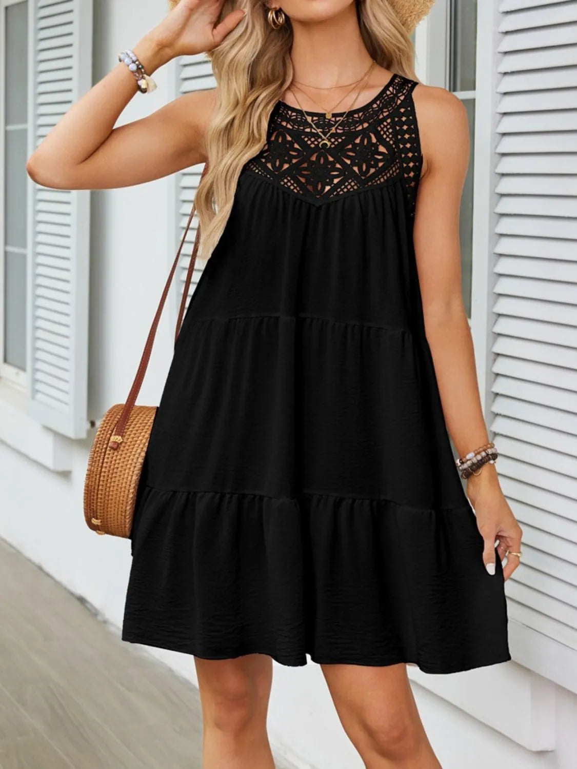 Ruffled Hem Lace Sleeveless Dress.