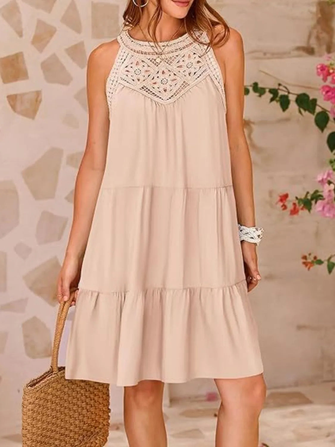 Ruffled Hem Lace Sleeveless Dress.