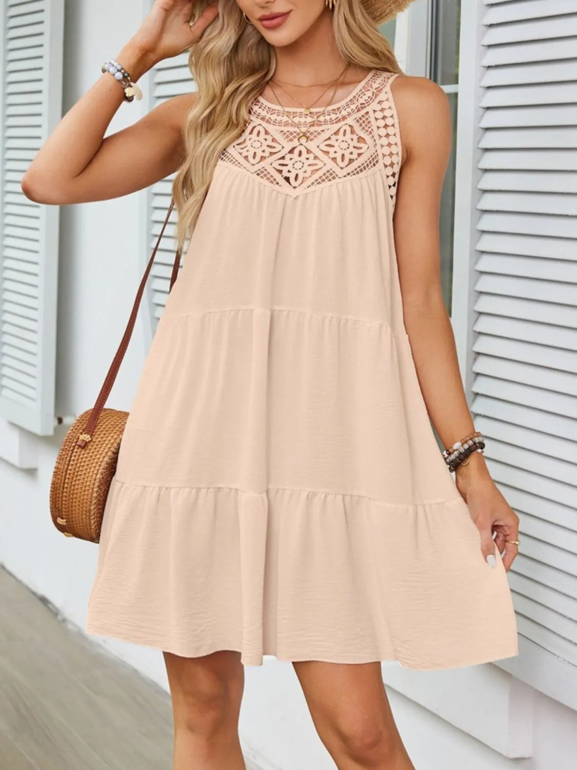 Ruffled Hem Lace Sleeveless Dress.