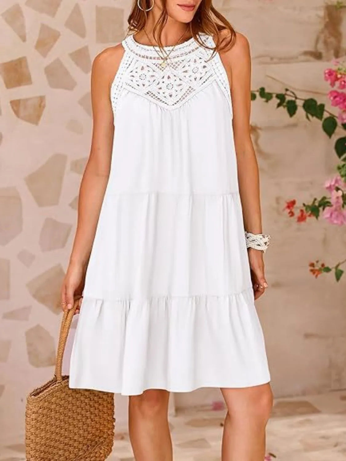 Ruffled Hem Lace Sleeveless Dress.