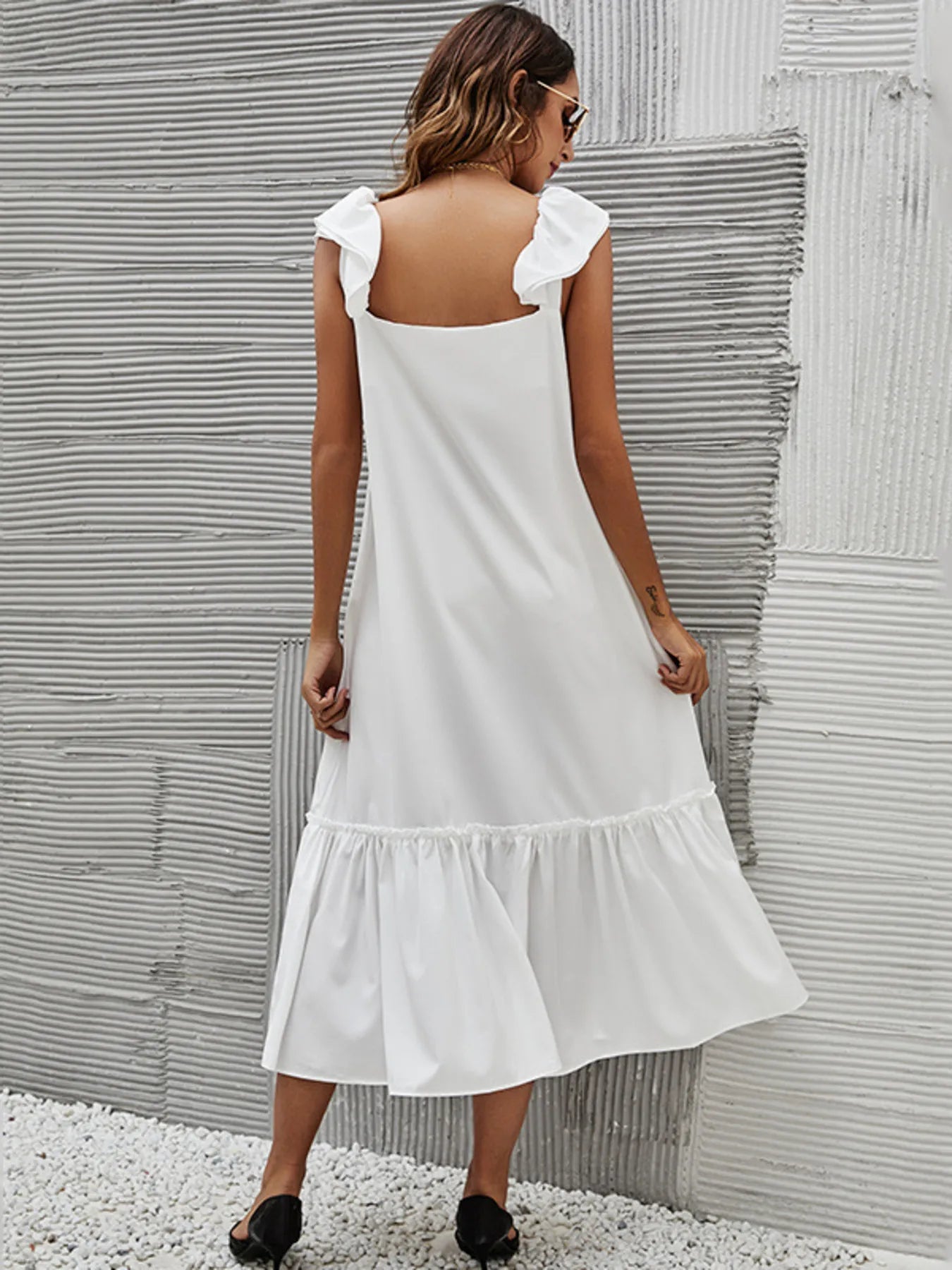 Full Size Ruffled Hem Midi Dress with Cap Sleeves Plus Size.