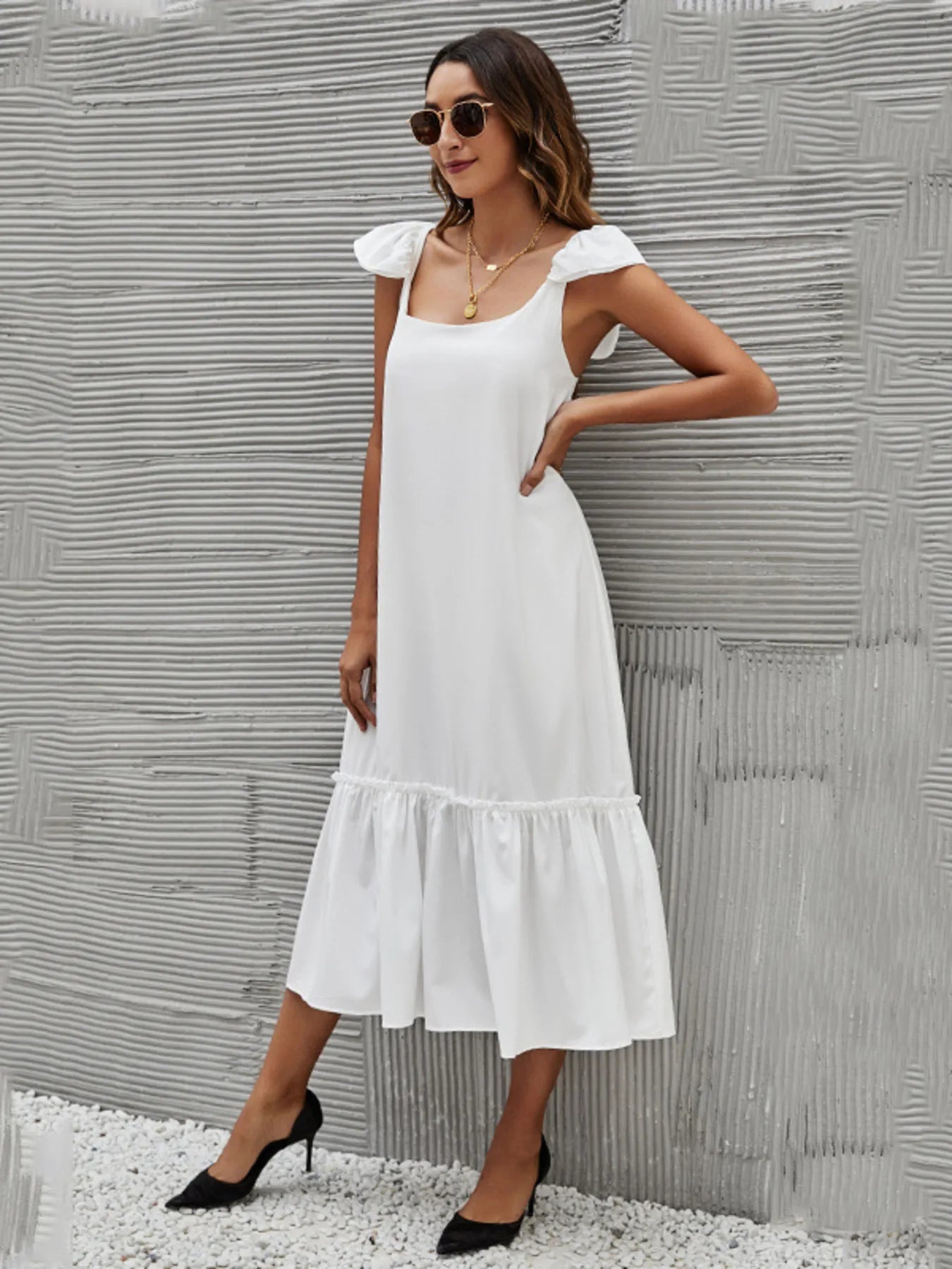 Full Size Ruffled Hem Midi Dress with Cap Sleeves Plus Size.