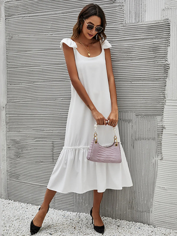 Full Size Ruffled Hem Midi Dress with Cap Sleeves Plus Size.