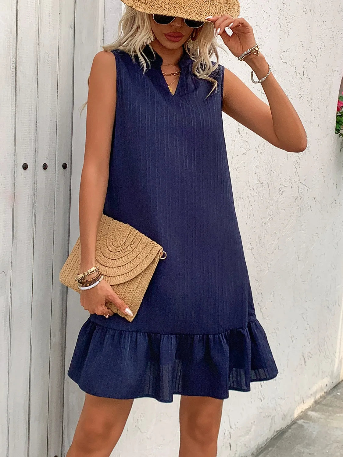 Ruffled Hem Notched Sleeveless Dress.