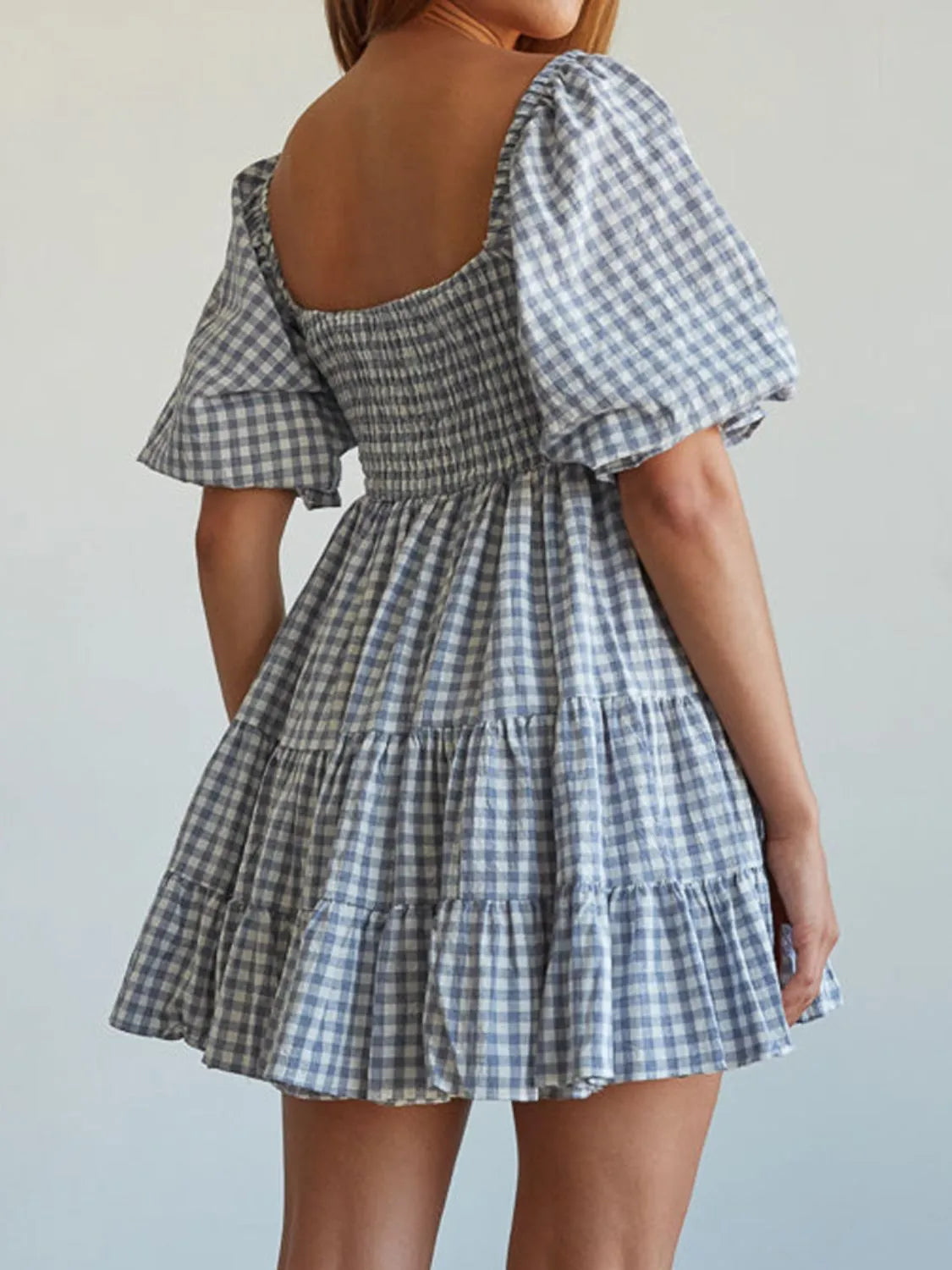 Ruffled Hem Plaid Half Sleeve Mini Dress.