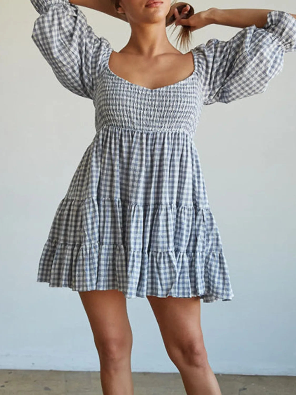 Ruffled Hem Plaid Half Sleeve Mini Dress.