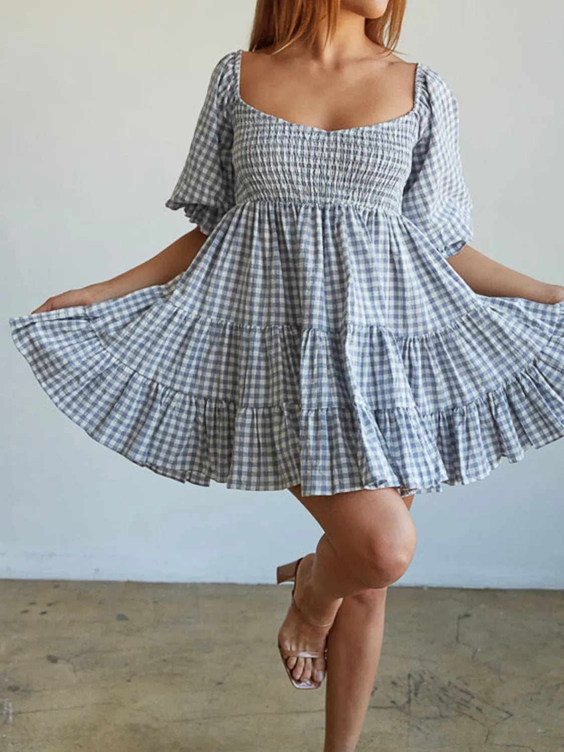 Ruffled Hem Plaid Half Sleeve Mini Dress.
