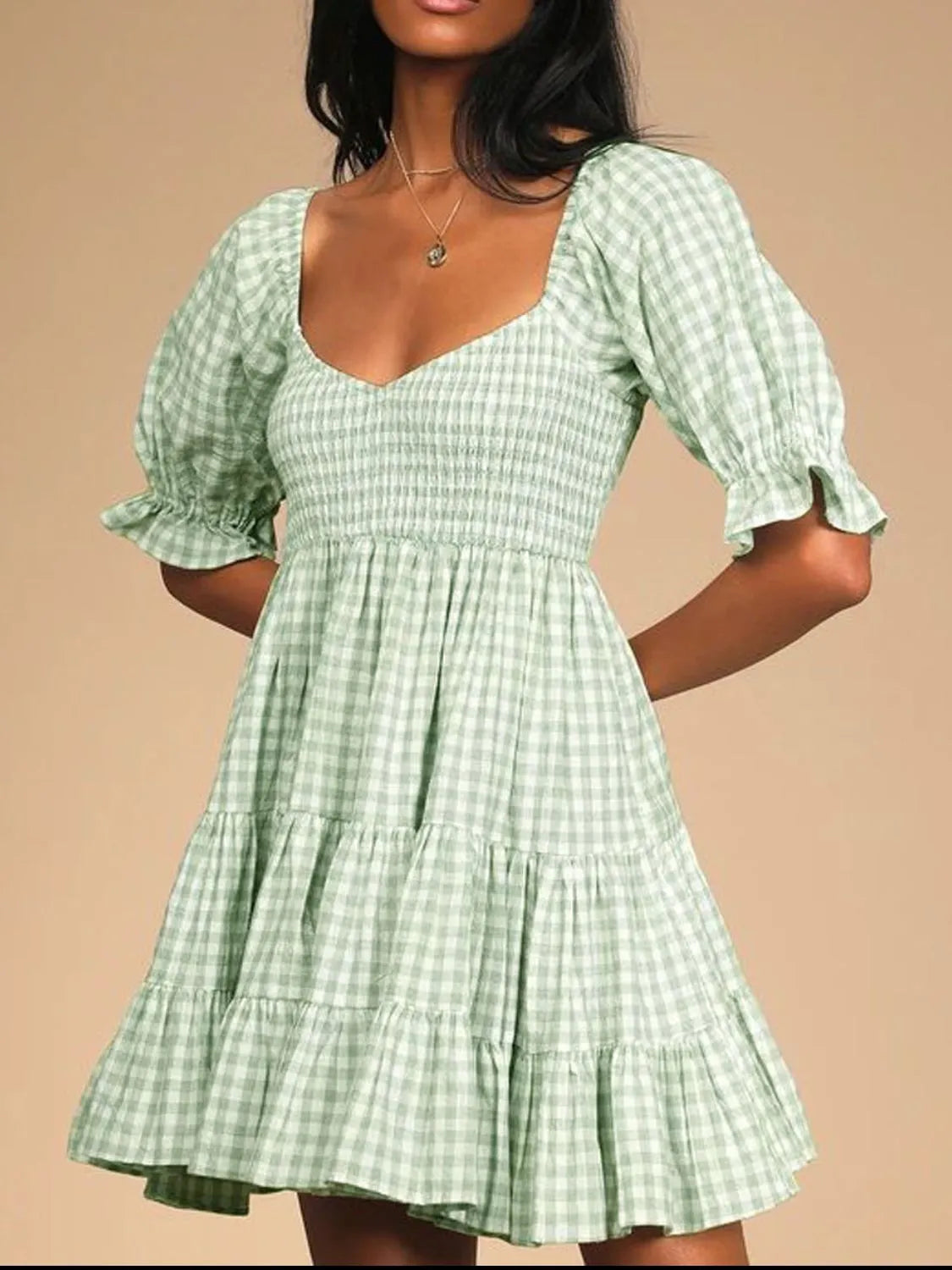 Ruffled Hem Plaid Half Sleeve Mini Dress.