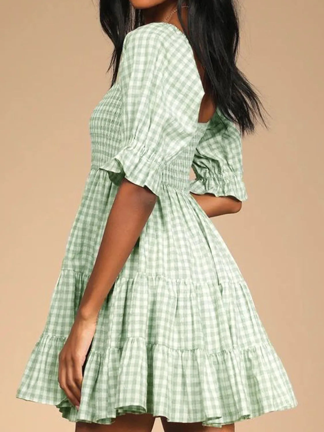 Ruffled Hem Plaid Half Sleeve Mini Dress.