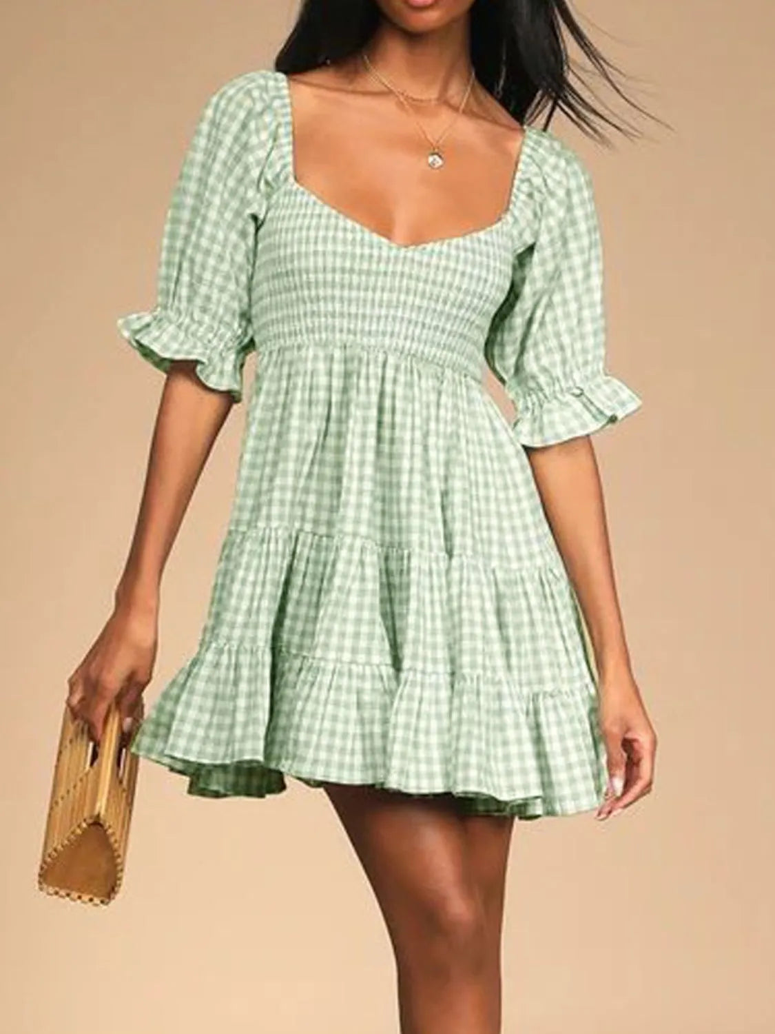Ruffled Hem Plaid Half Sleeve Mini Dress.