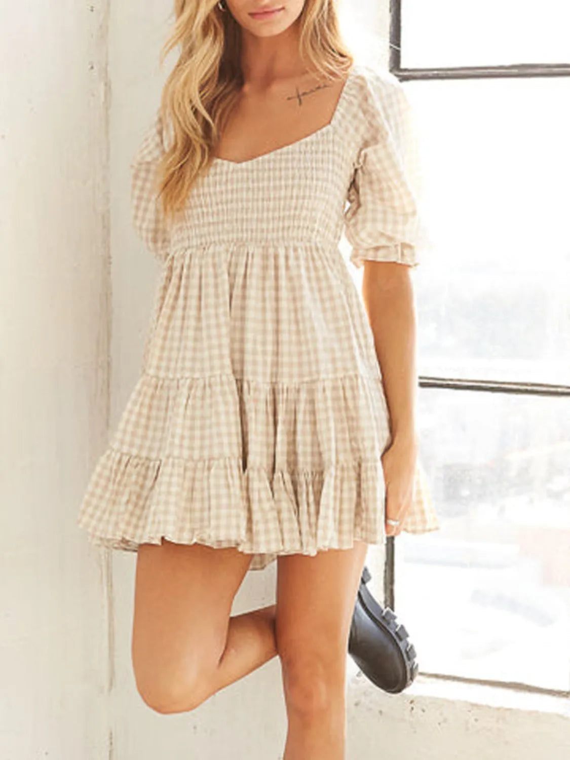 Ruffled Hem Plaid Half Sleeve Mini Dress.